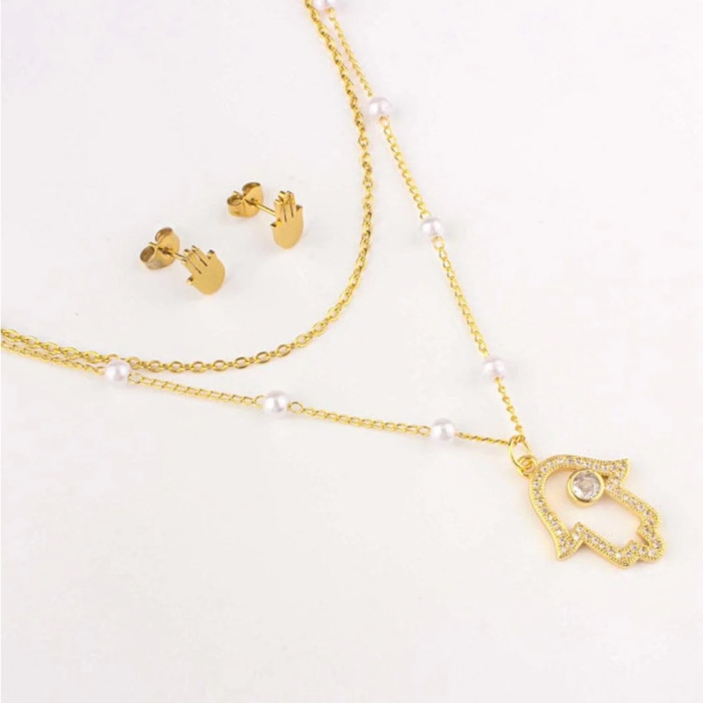 Michelle Stainless Steal Hamsa Hand of Fatima Necklace & Earrings Set in Gold